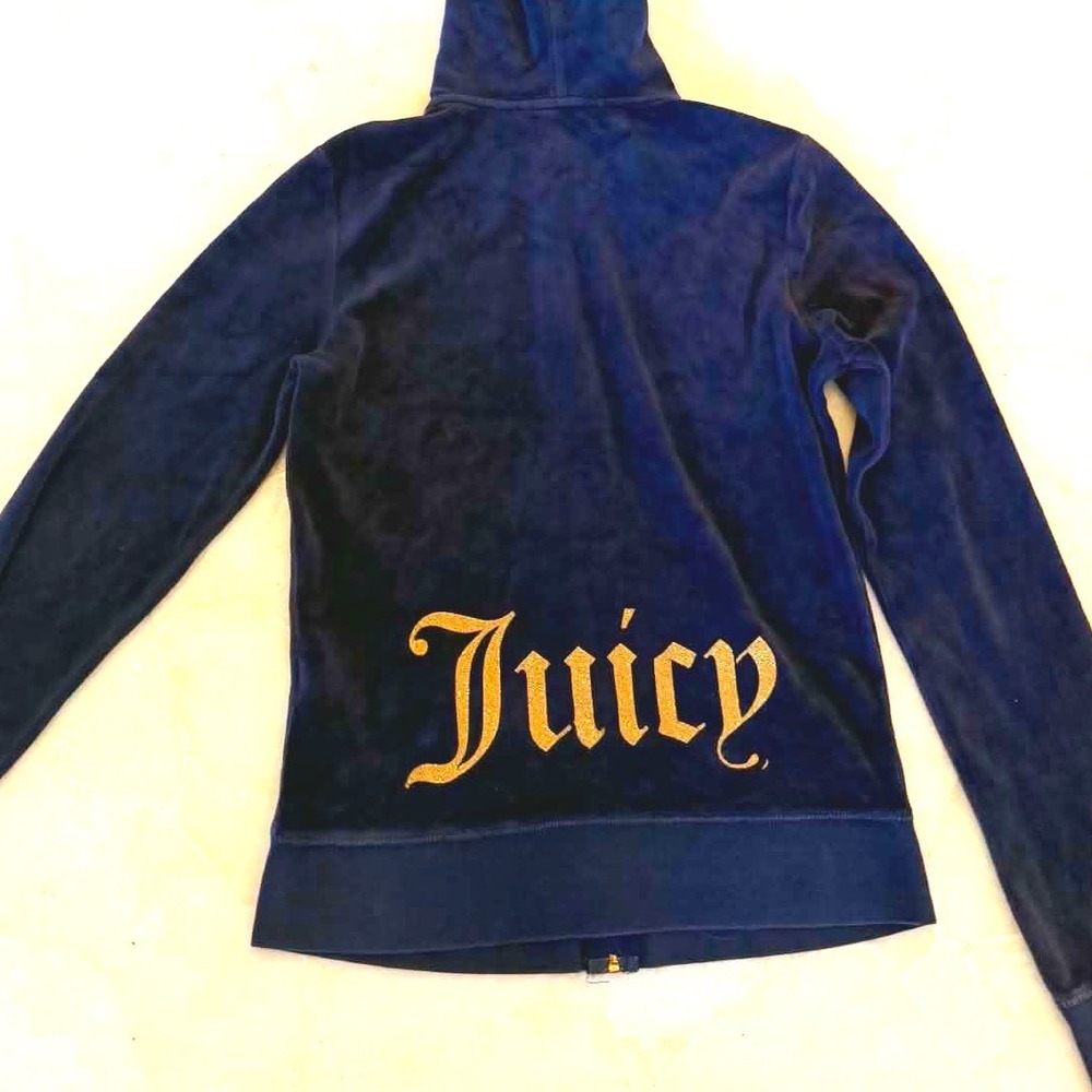 Juicy Couture Navy Blue Velour Zip Up Hoodie Gold Glitter Logo Vintage Y2K Small